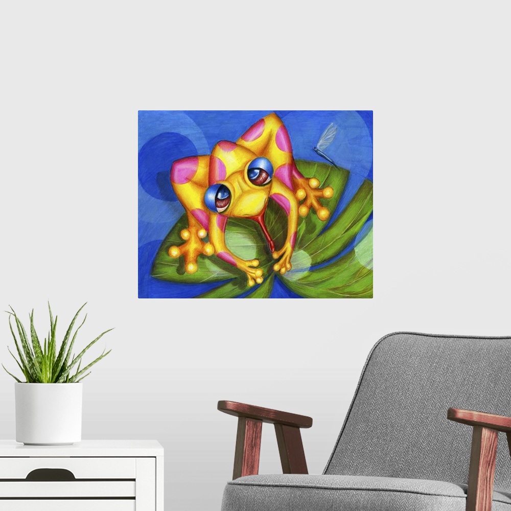 A modern room featuring Horizontal contemporary painting of a yellow frog on a lily pad.