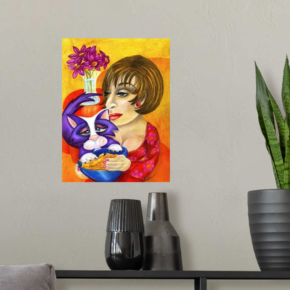 A modern room featuring Contemporary artwork in the style of cubism of a woman with a cat in bold colors.