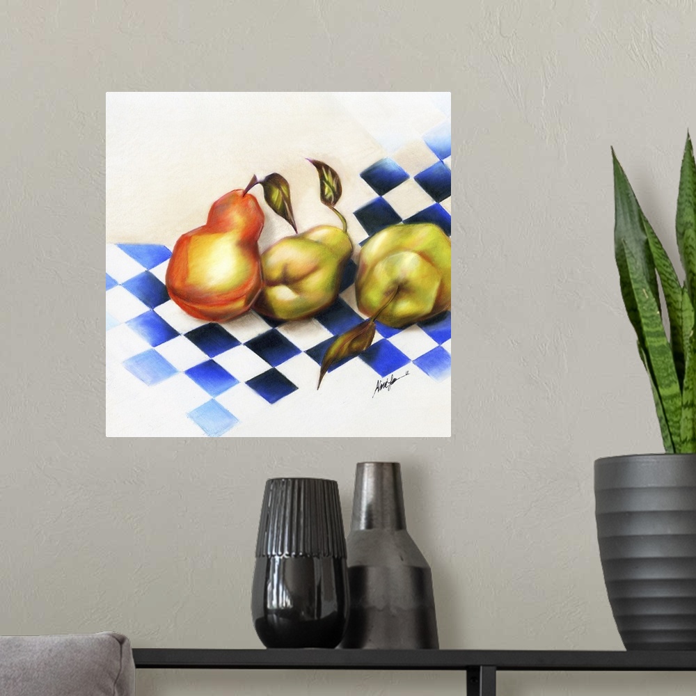 A modern room featuring Still life painting of three pears on a blue and white checkered background.