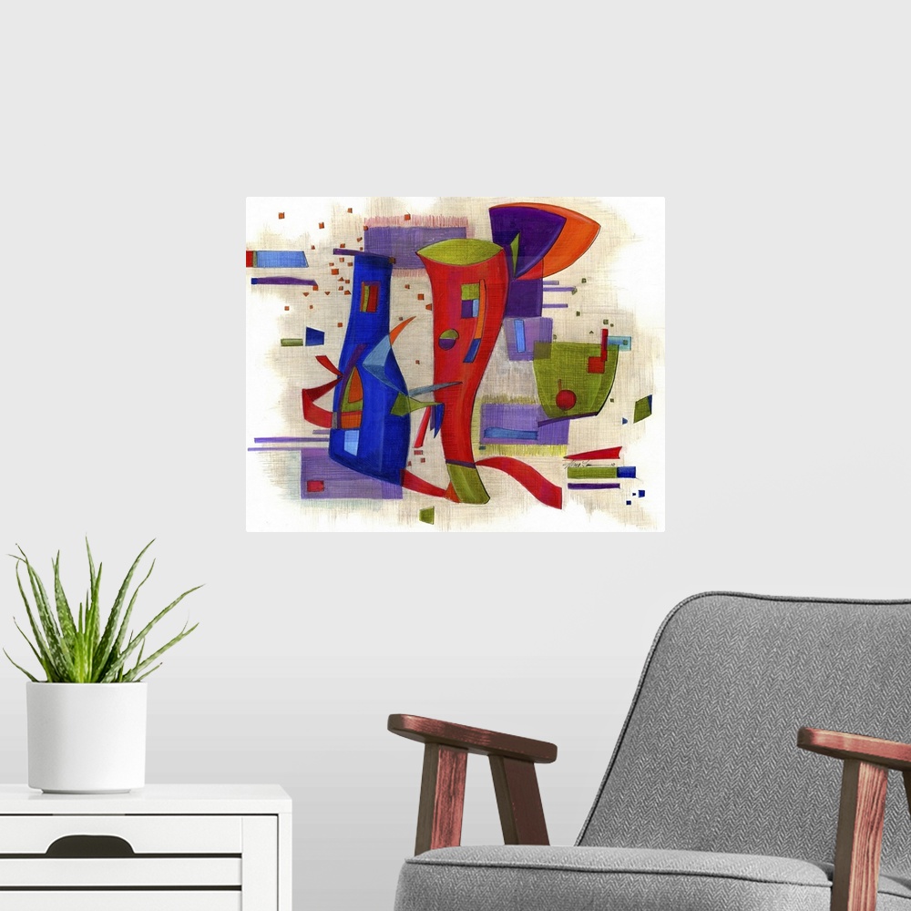 A modern room featuring Horizontal abstract painting of vibrant colored shapes in circles and rectangles.