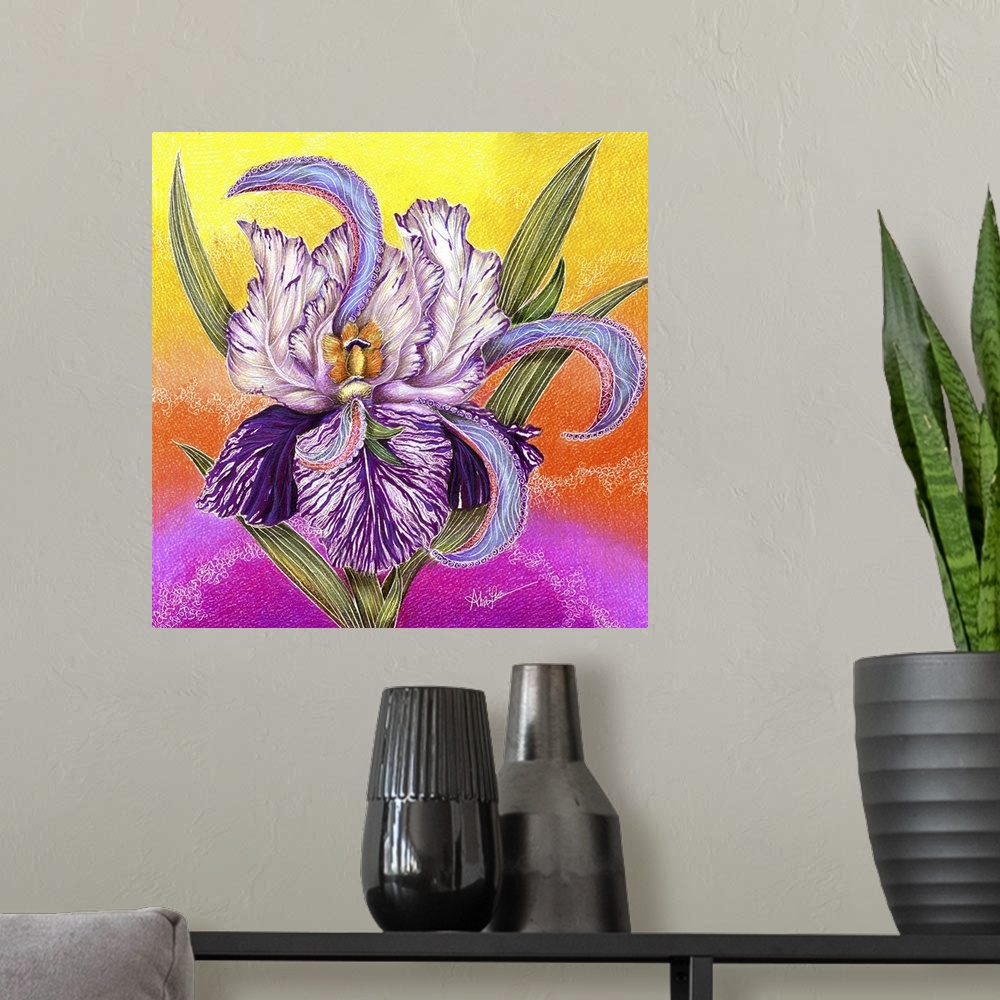 A modern room featuring A painting of a purple iris against a vibrant colored background.