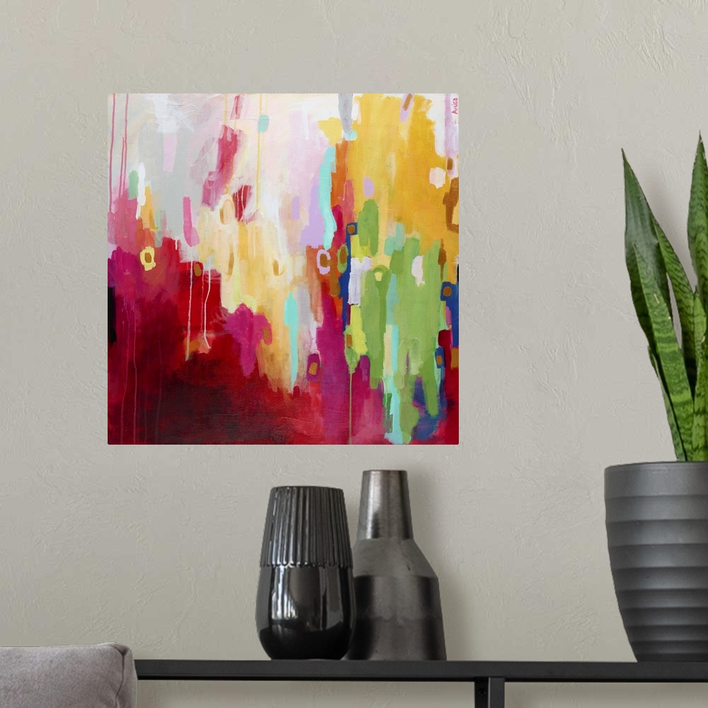 A modern room featuring Contemporary abstract painting in shades of deep red, green, and yellow.