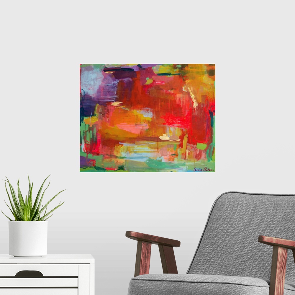 A modern room featuring Contemporary mixed media abstract artwork in vibrant red, green, and purple.