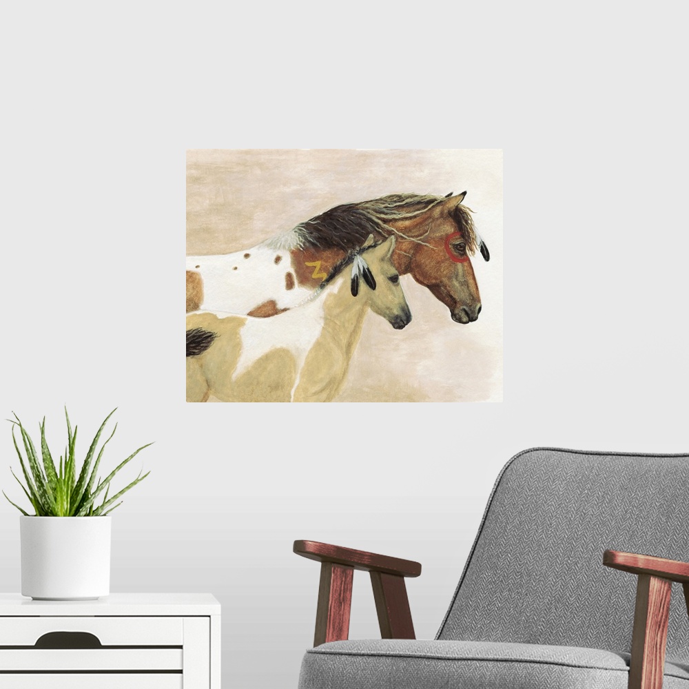 A modern room featuring Majestic Series of Native American inspired horse paintings of a mustang and colt.