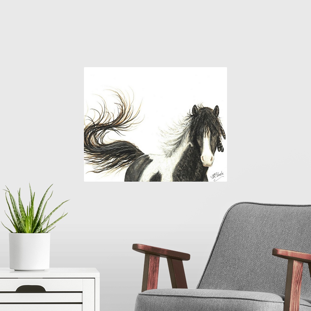 A modern room featuring Majestic Series of Native American inspired horse paintings of a pinto mustang.