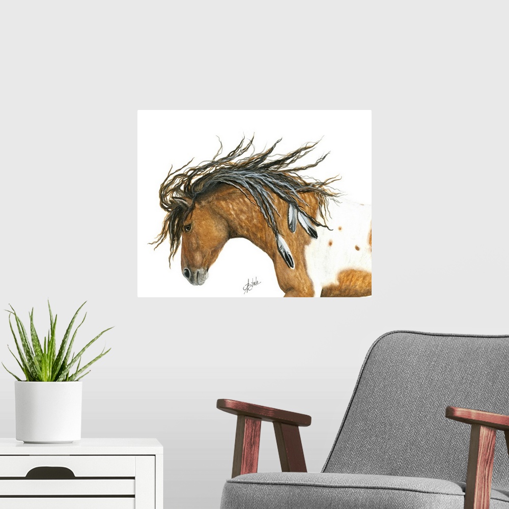 A modern room featuring Majestic Series of Native American inspired horse paintings of a curly horse mare.