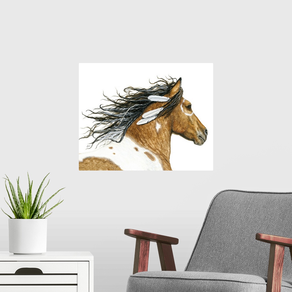 A modern room featuring Majestic Series of Native American inspired horse paintings of a Curly Horse.