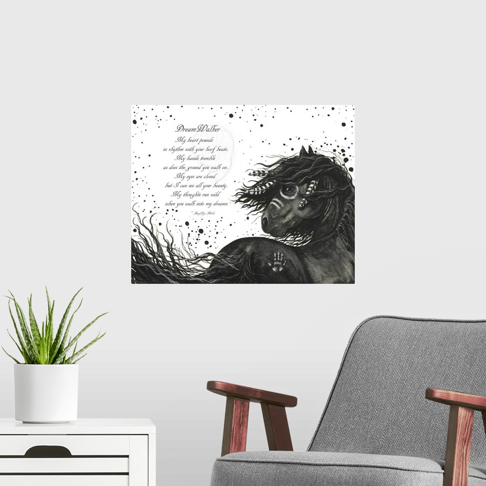 A modern room featuring Majestic Series of Native American inspired horse paintings of a black mustang. "DreamWalker - My...