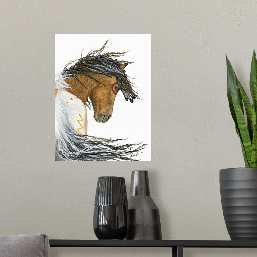 A modern room featuring Majestic Series of Native American inspired horse paintings of a pinto Mustang.