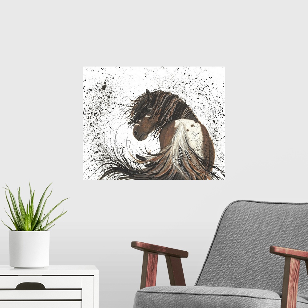 A modern room featuring Majestic Series of Native American inspired horse paintings of a paint mustang.