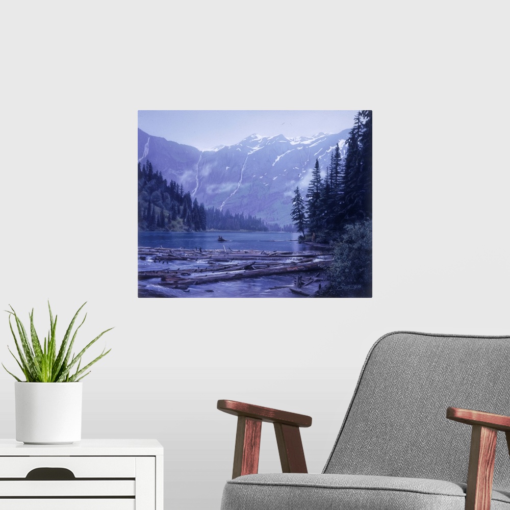 A modern room featuring Avalanche Lake