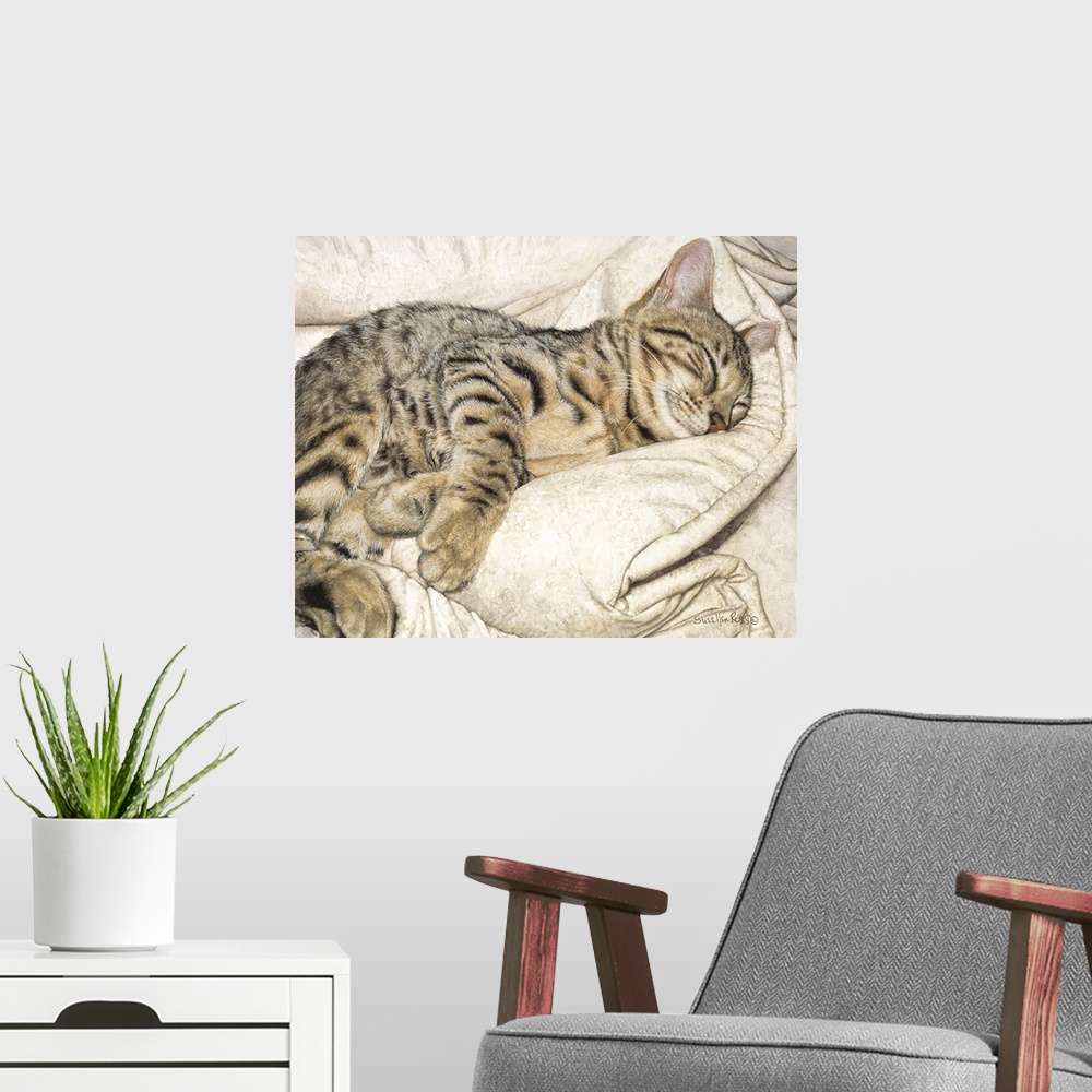 A modern room featuring A striped bengal cat enjoying a nap on a soft blanket.