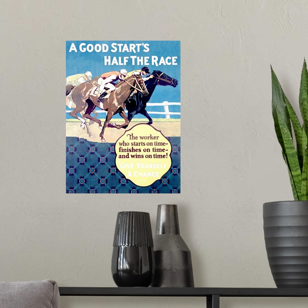 A modern room featuring Vintage Sport Motivation Poster, Horse Racing