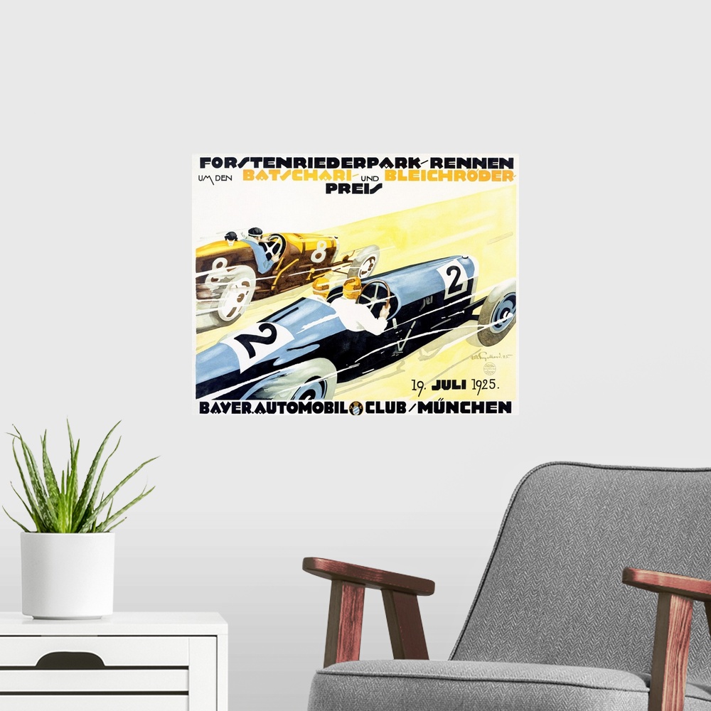 A modern room featuring Classic advertisement for a Bayer Automobile Club race with two race cars moving fast.