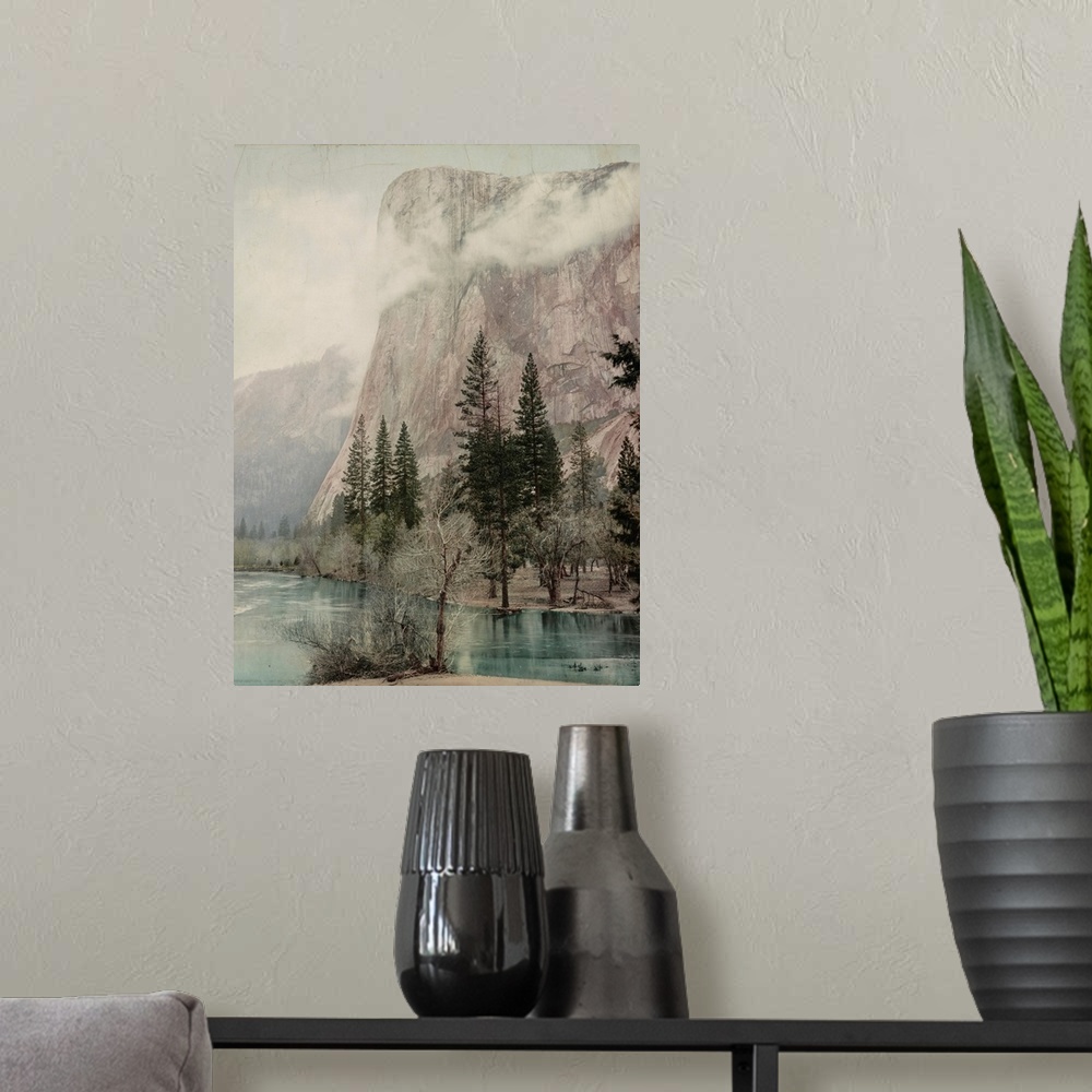 A modern room featuring Hand colored photograph of California, El Capitan, Yosemite Valley.