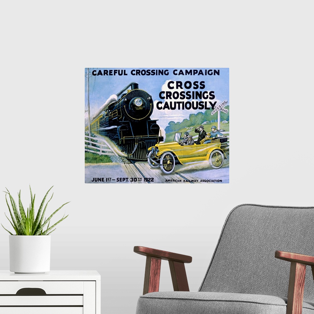 A modern room featuring Careful Crossing Campaign, Cross Crossing Cautiously, Vintage Poster
