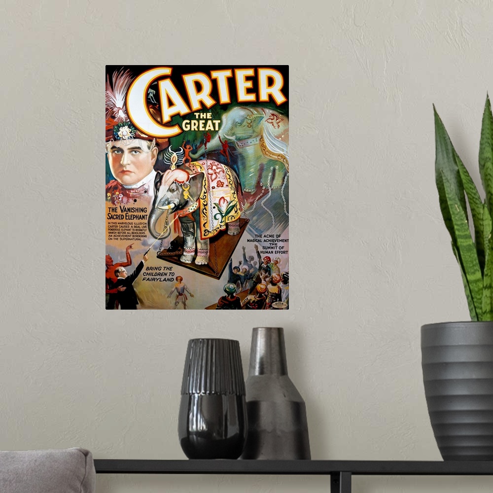 A modern room featuring Oversized, portrait, vintage advertisement for "Carter the Great", featuring a portrait of the ma...