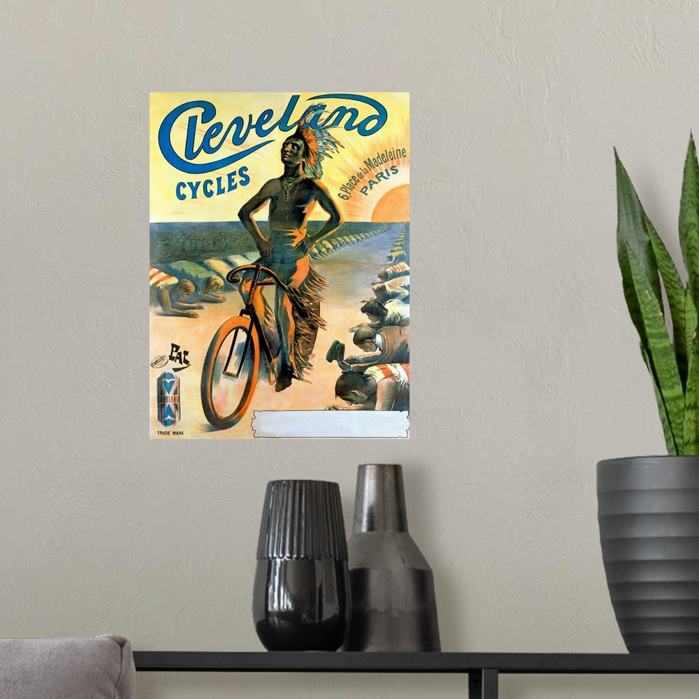 A modern room featuring Big print on canvas of an Indian riding a bike through a pathway with people kneeling on either s...