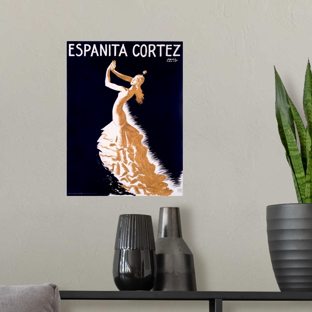 A modern room featuring Vintage Art Deco style advertising poster of a woman dancing in a long and flowing dress with a f...