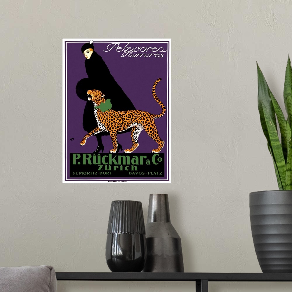 A modern room featuring French Ruckmar Leopard Fashion Vintage Advertising Poster