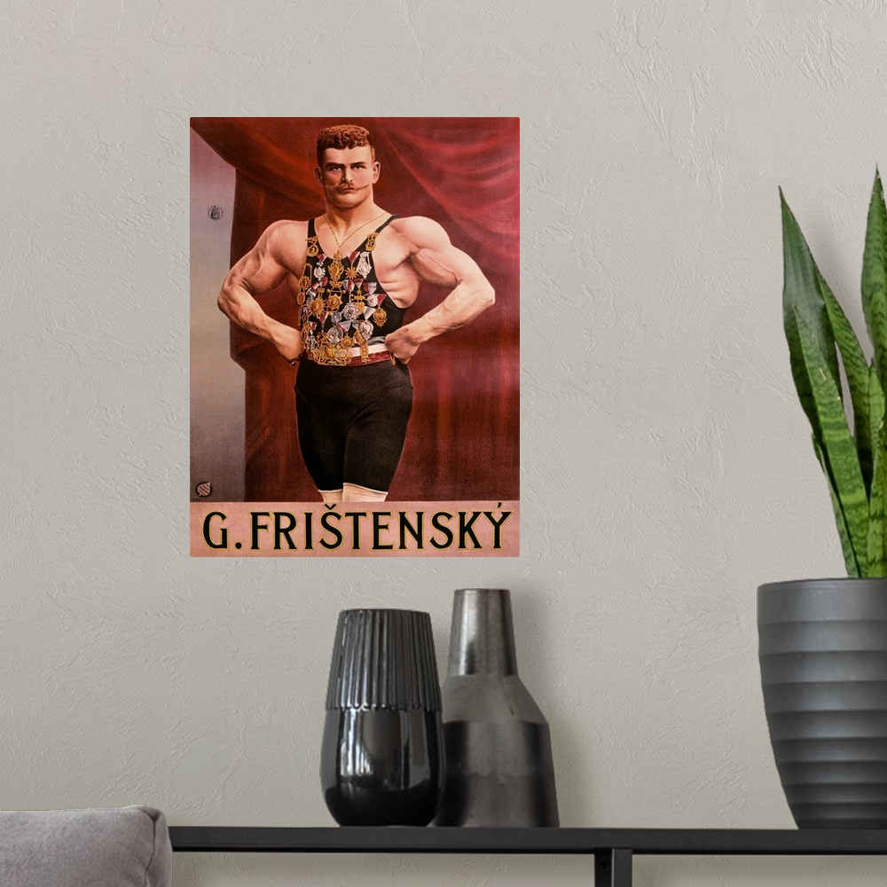 A modern room featuring Fristensky, Strong Man, Vintage Poster