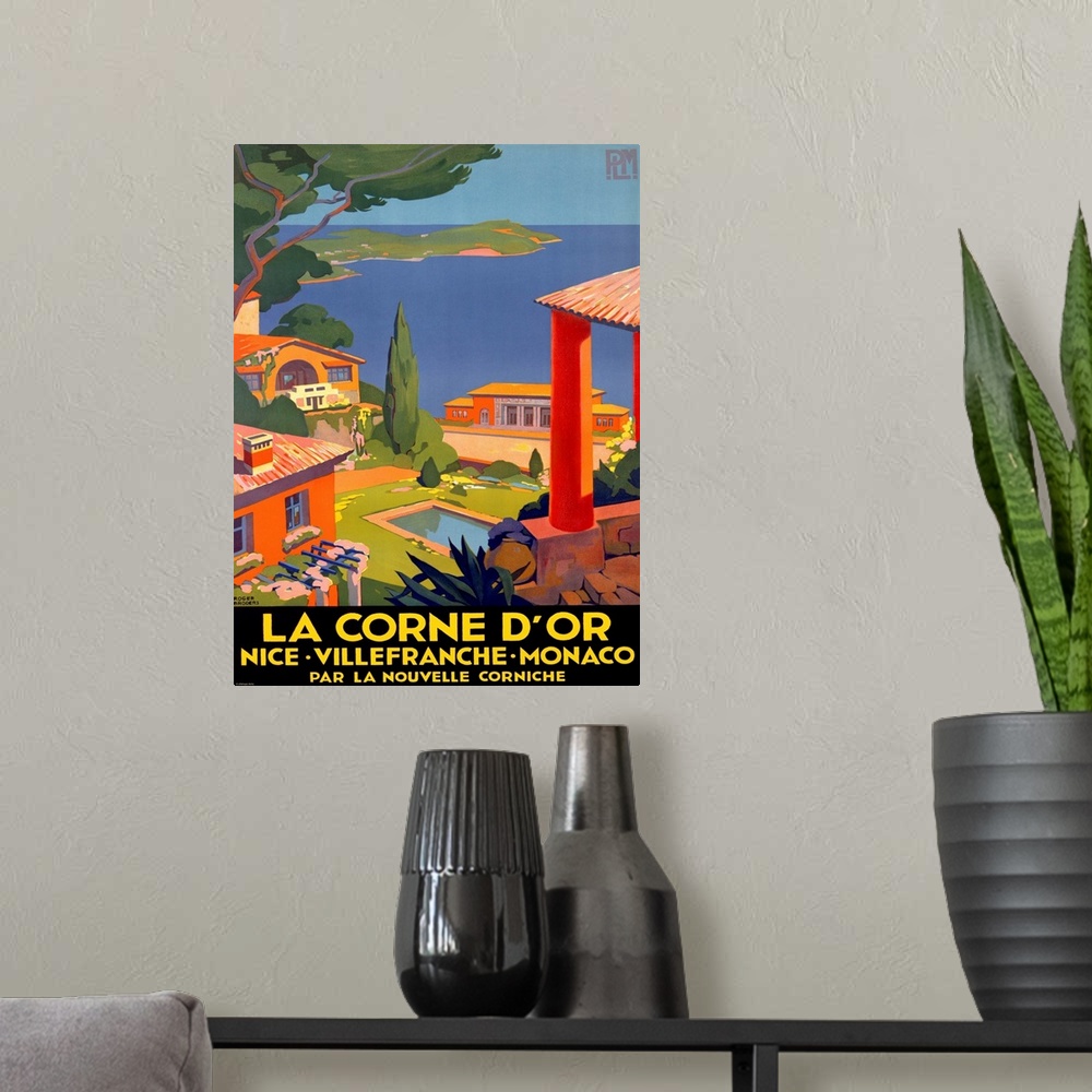 A modern room featuring La Corne dOr, Vintage Poster