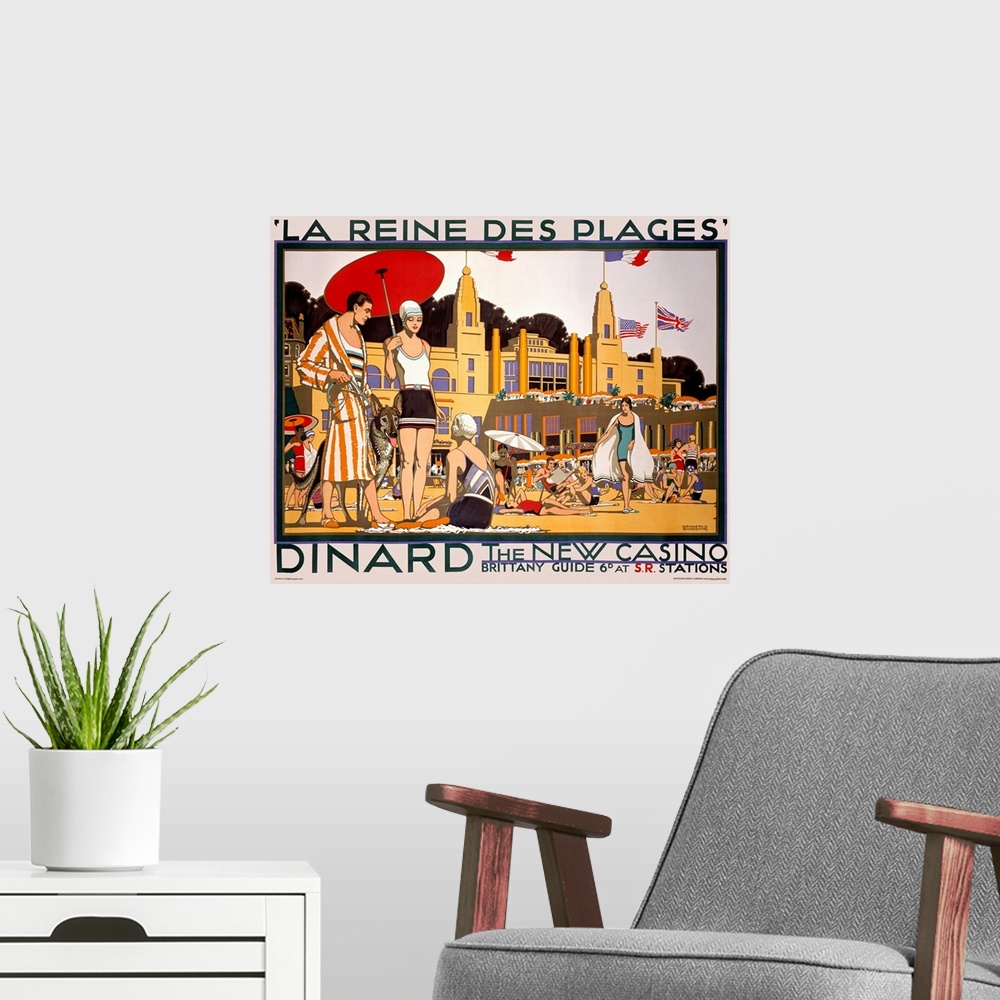 A modern room featuring Oversized, landscape vintage art advertisement of many people in swimwear with umbrellas, on a be...