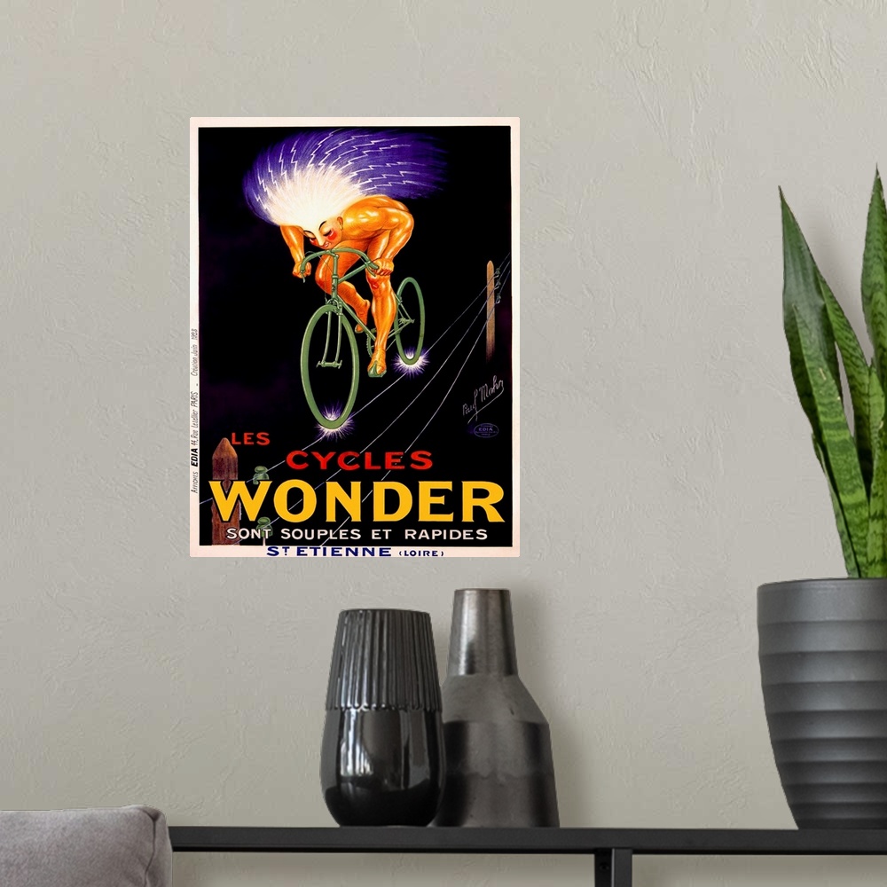 A modern room featuring Les Cycles Wonder Vintage Advertising Poster