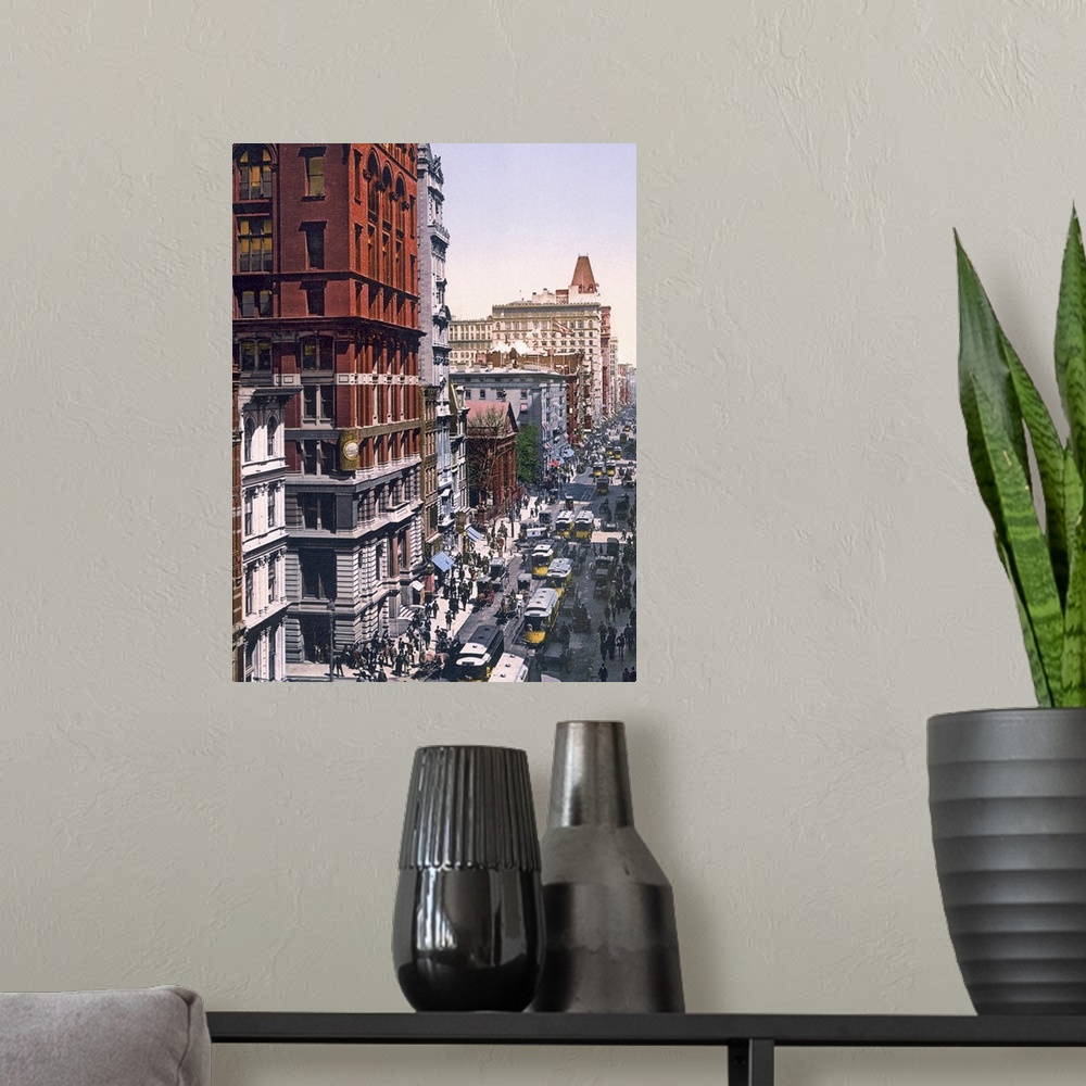 A modern room featuring Looking Up Broadway from Dey Street New York City