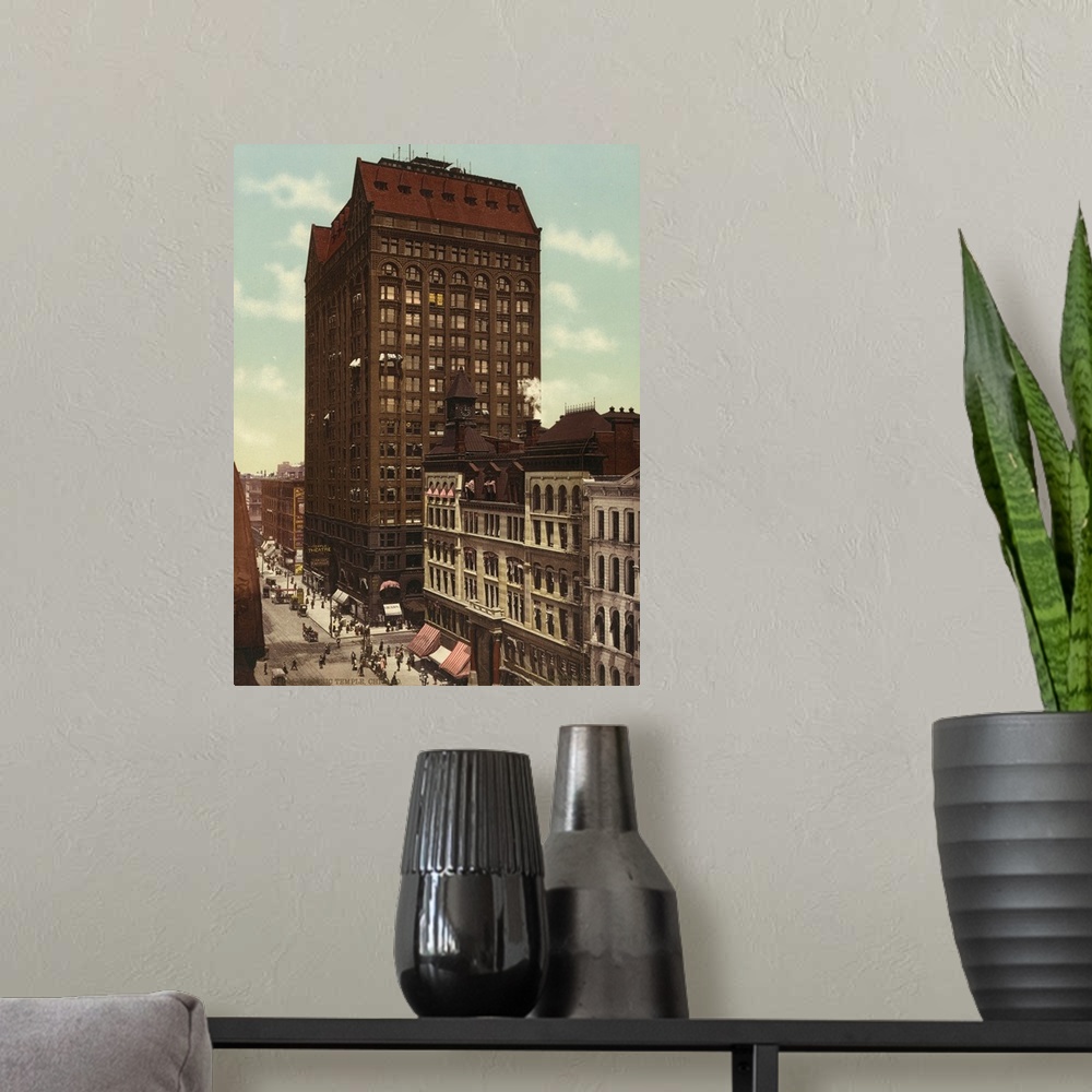 A modern room featuring Hand colored photograph of masonic temple, Chicago.