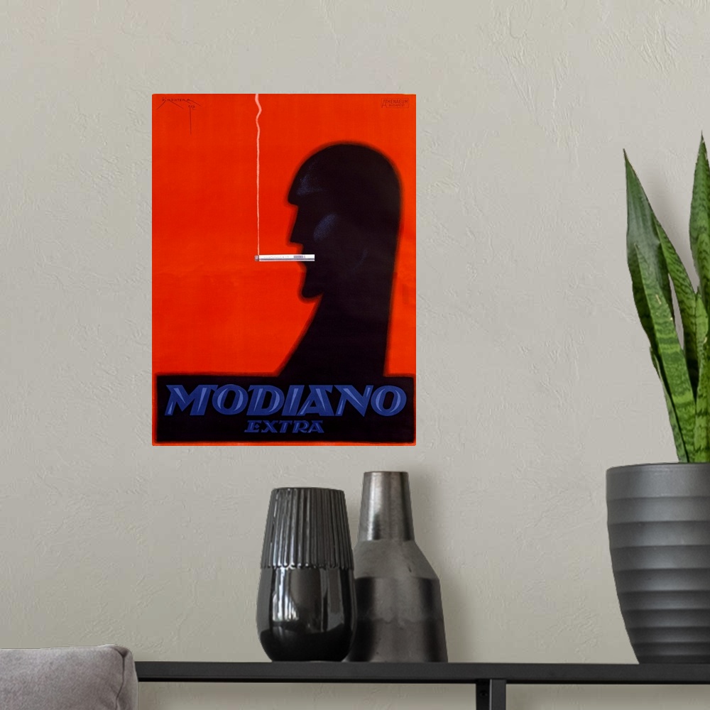 A modern room featuring Old print advertising a cigarette brand.  There is a silhouette of man with a smoking cigarette i...