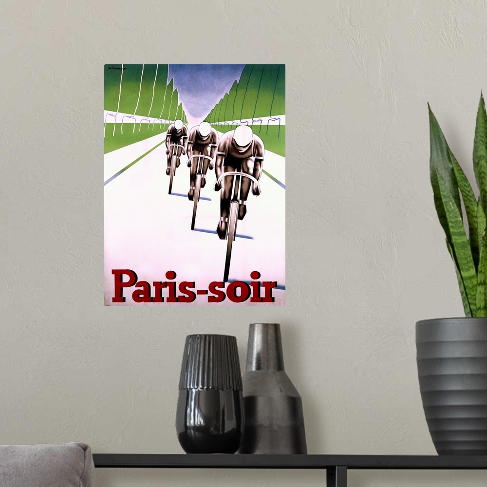 A modern room featuring French advertisement for Paris in the Evening of an illustration of three cyclists pedaling down ...