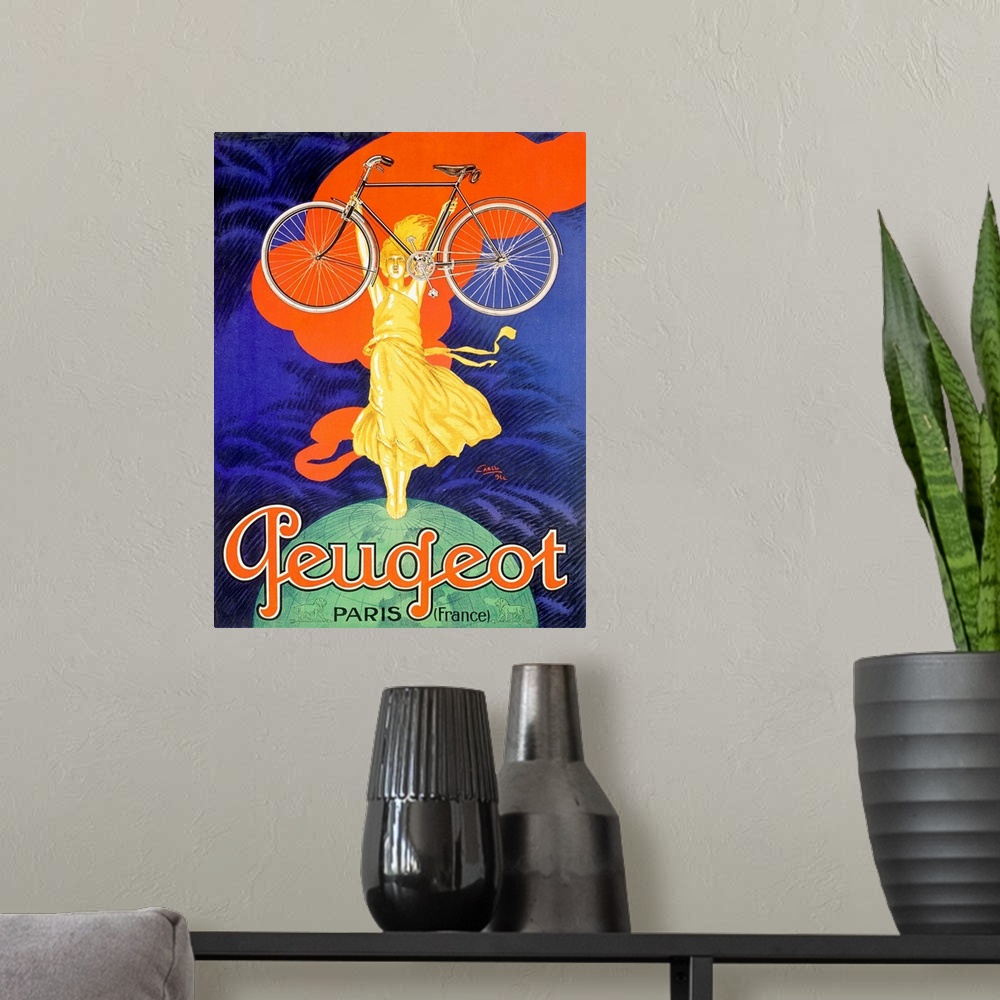 A modern room featuring Large antique art portrays an advertisement for a French bike company that features a woman stand...