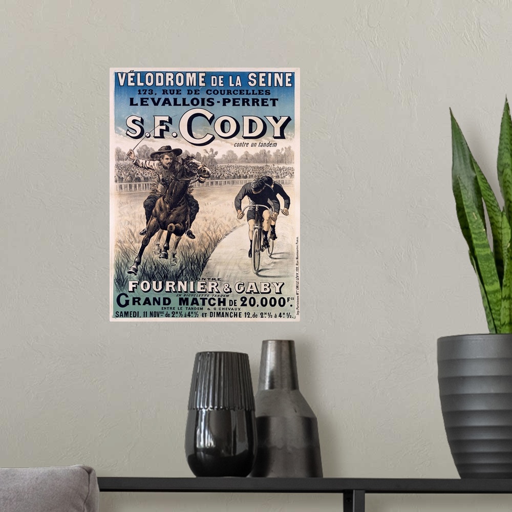 A modern room featuring S. F. Cody vs. Fournier & Gaby, Grand Match, Vintage Poster