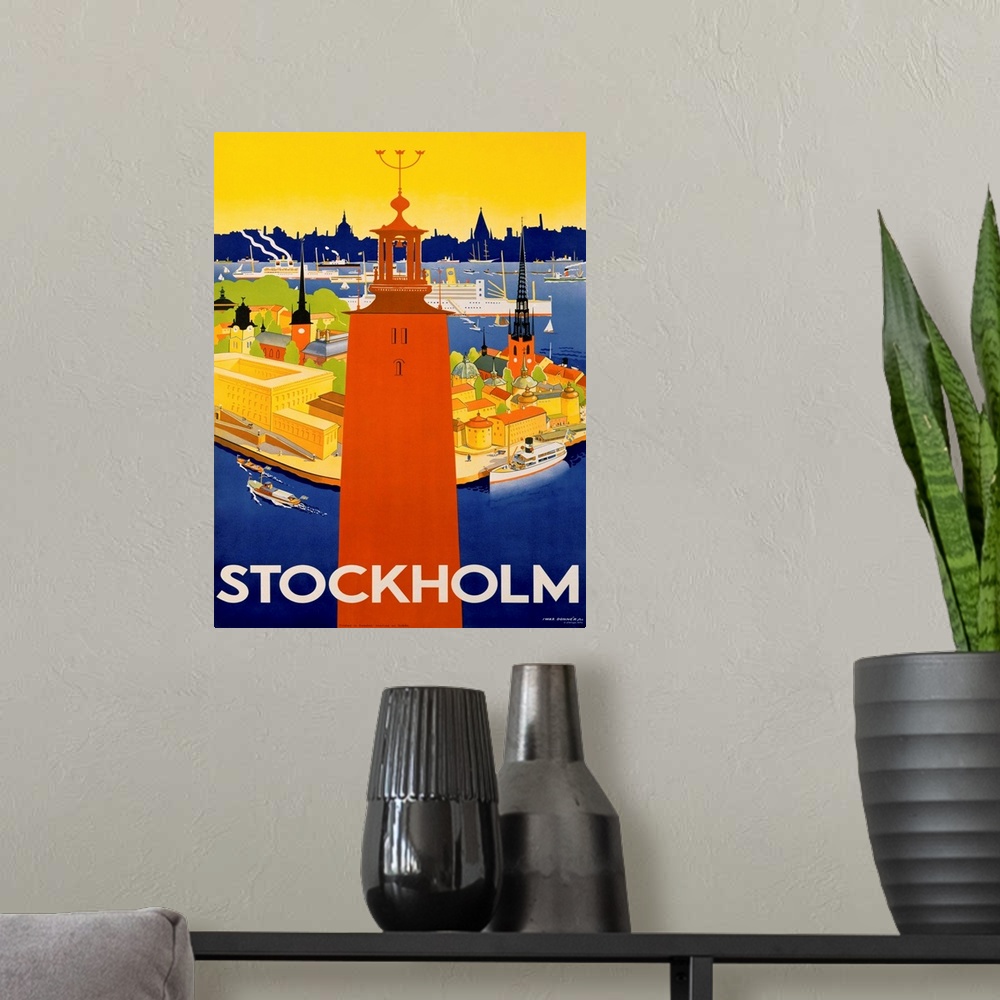 A modern room featuring Stockholm Travel Vintage Advertising Poster