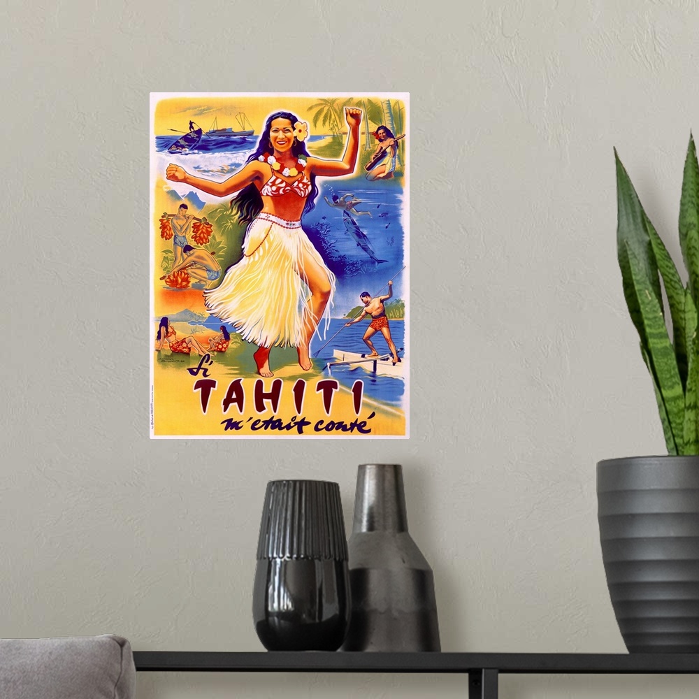 A modern room featuring Old print advertising a French Polynesian island.  There is a hula girl in the center surrounded ...