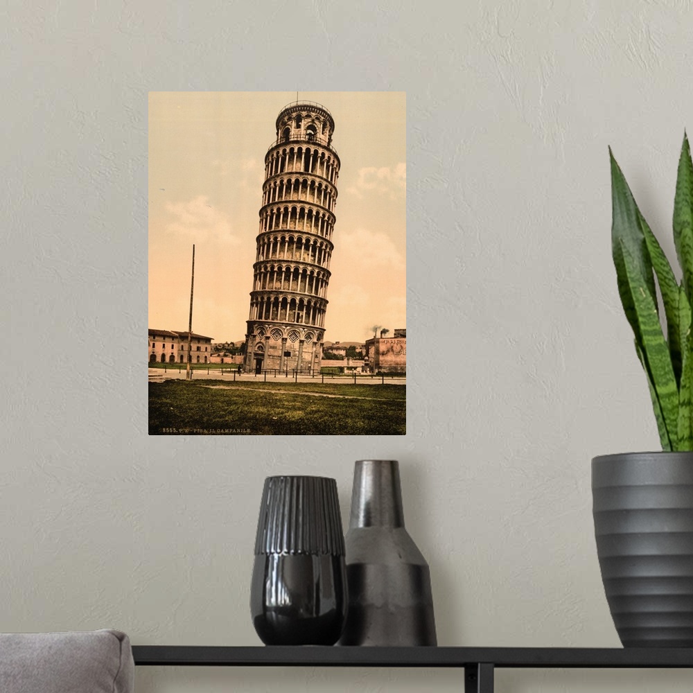 A modern room featuring Hand colored photograph of the leaning tower, Pisa, Italy.