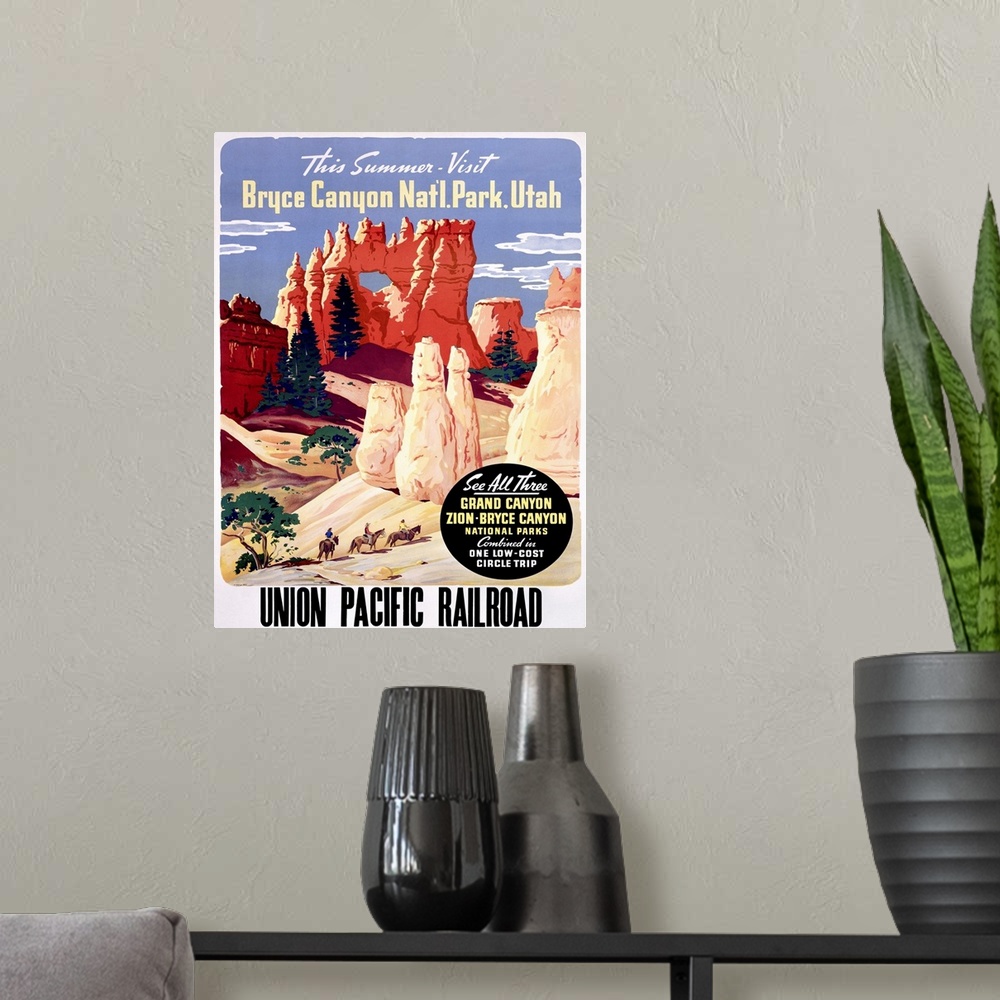 A modern room featuring Vintage American Travel Poster, Bryce Canyon National Park Utah, Union Pacific Railroad