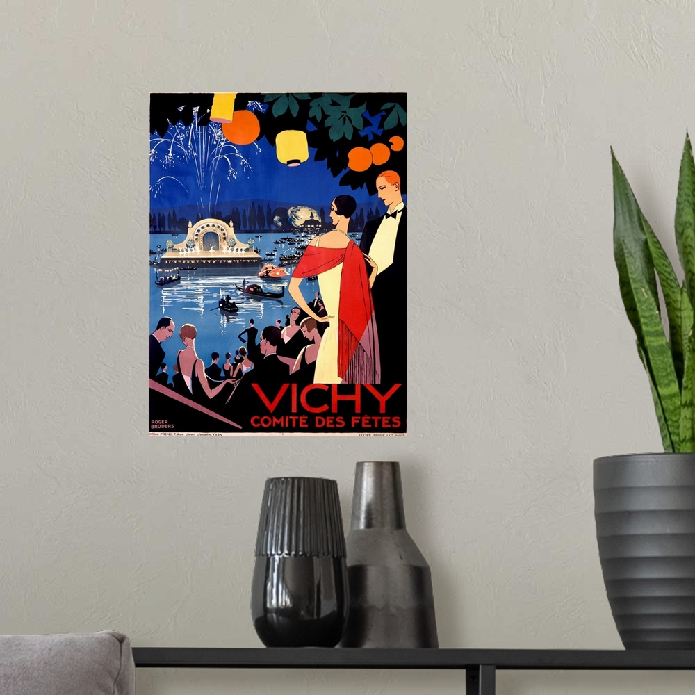 A modern room featuring Vertical, big vintage poster of an evening stage performance on water, with fireworks and surroun...