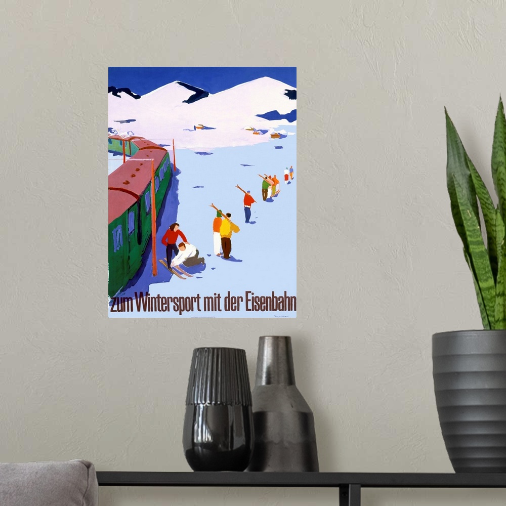 A modern room featuring Big antique poster of skiers getting off of a train and walking with their skis to go skiing.