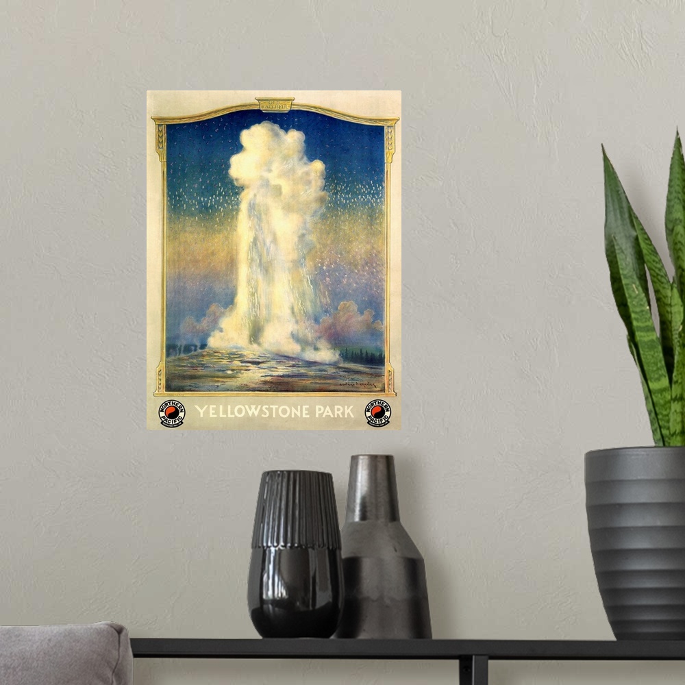 A modern room featuring Classic advertisement depicting a geyser erupting at American landmark Yellowstone Park.