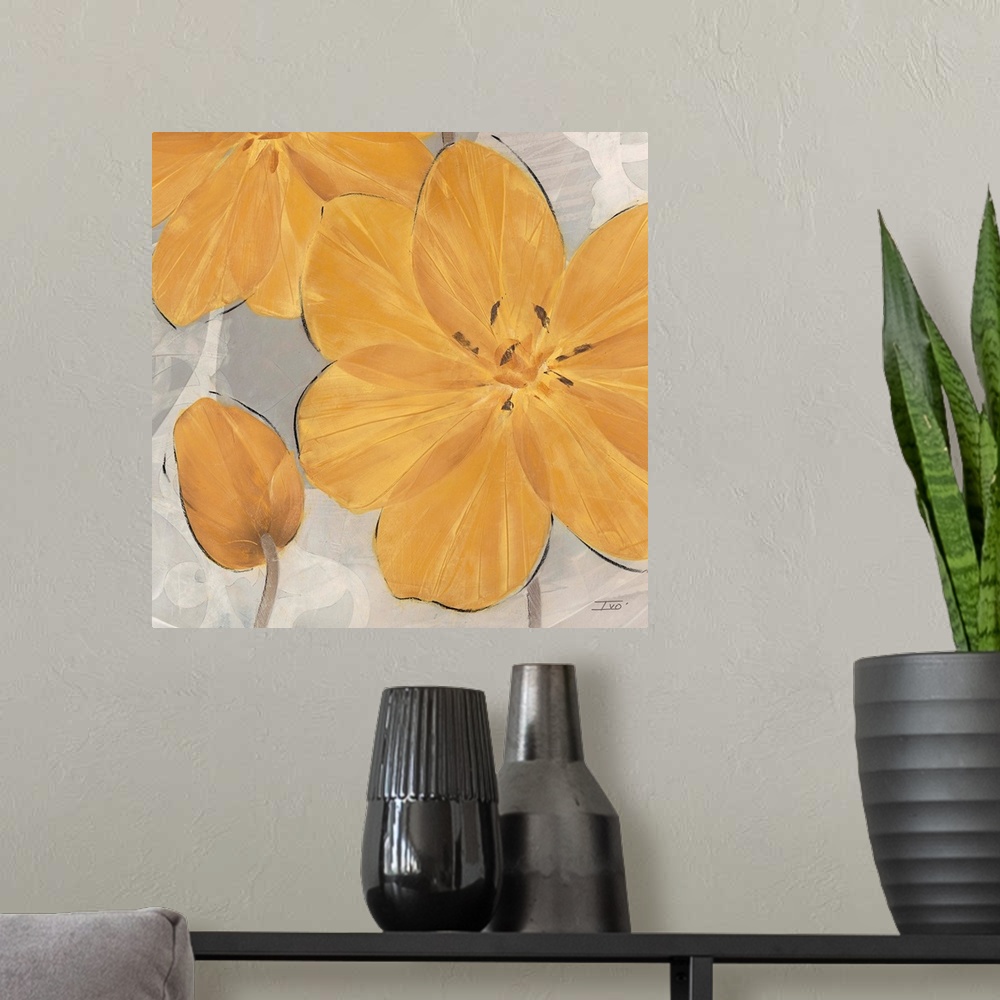 A modern room featuring Decorative artwork of a cheerful orange flower on a grey background.