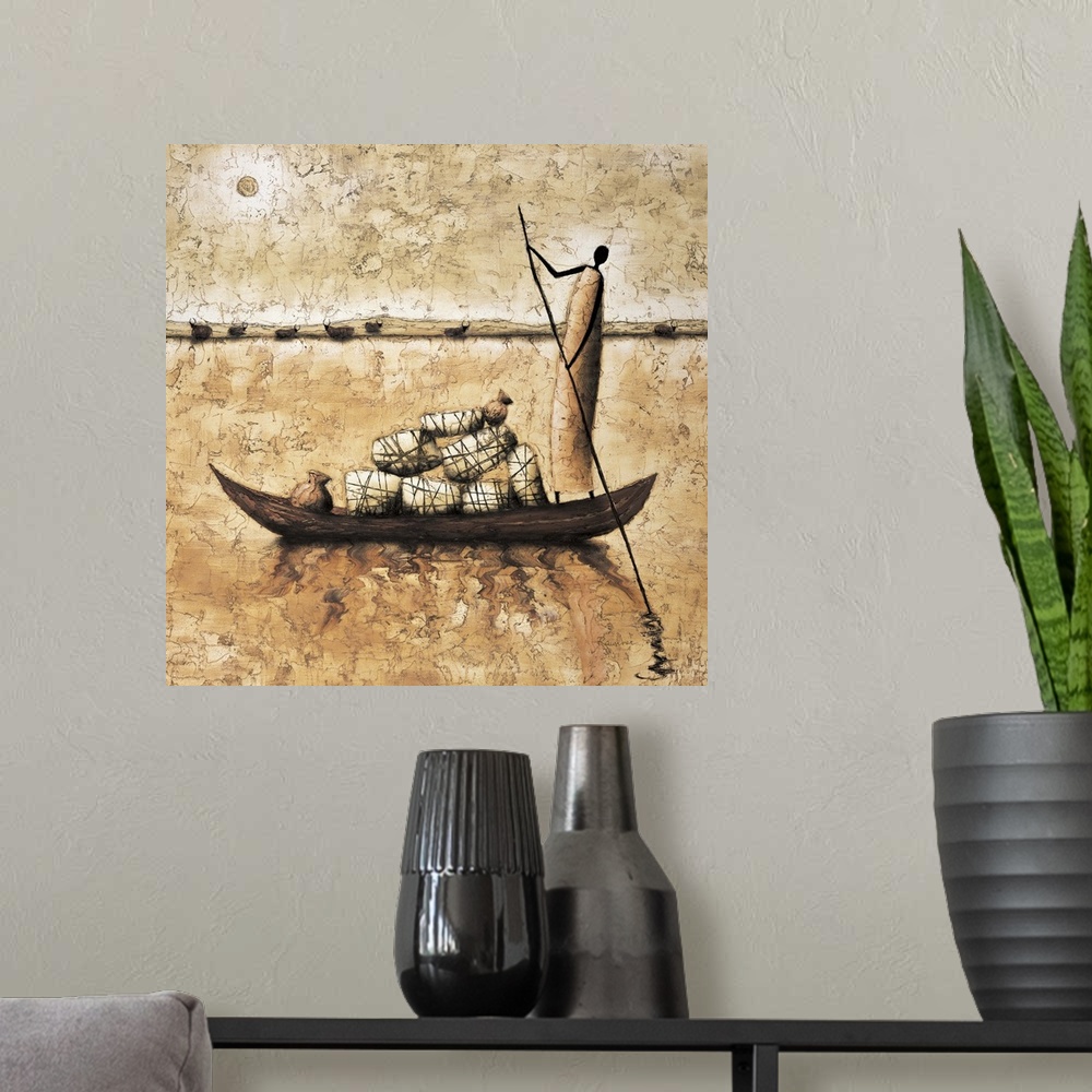A modern room featuring Contemporary painting of a figure standing on a boat moving supplies on the river.