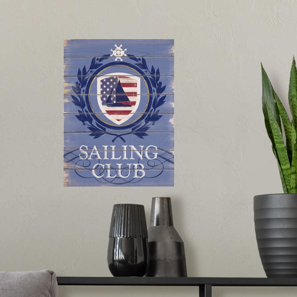 A modern room featuring Contemporary nautical sport art with weathered look.