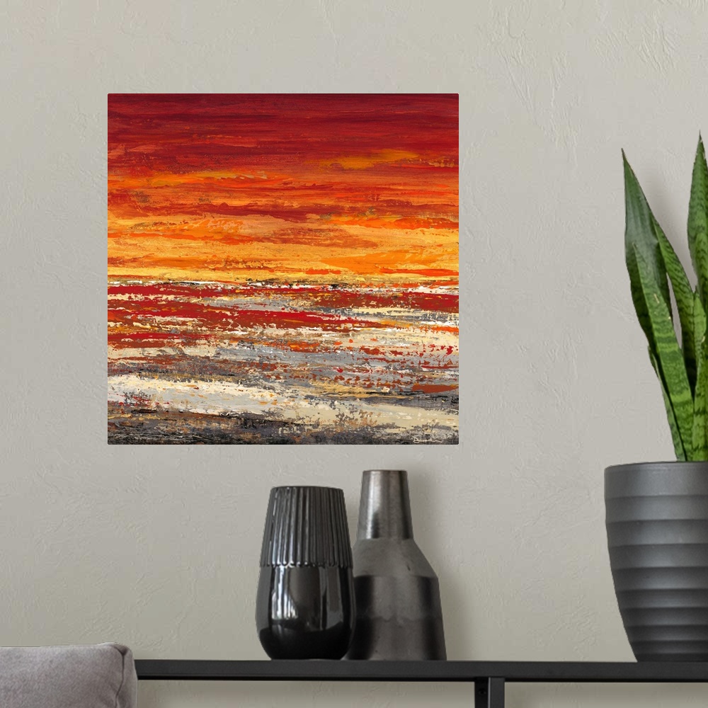 A modern room featuring Contemporary abstract home decor art using warm earthy tones.