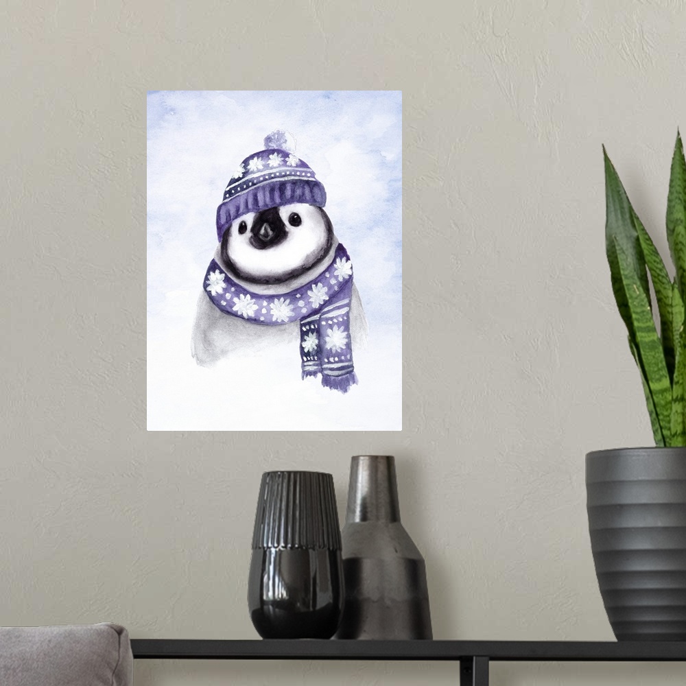 A modern room featuring Adorable illustration of a Emperor Penguin chick wearing a purple winter hat and scarf.