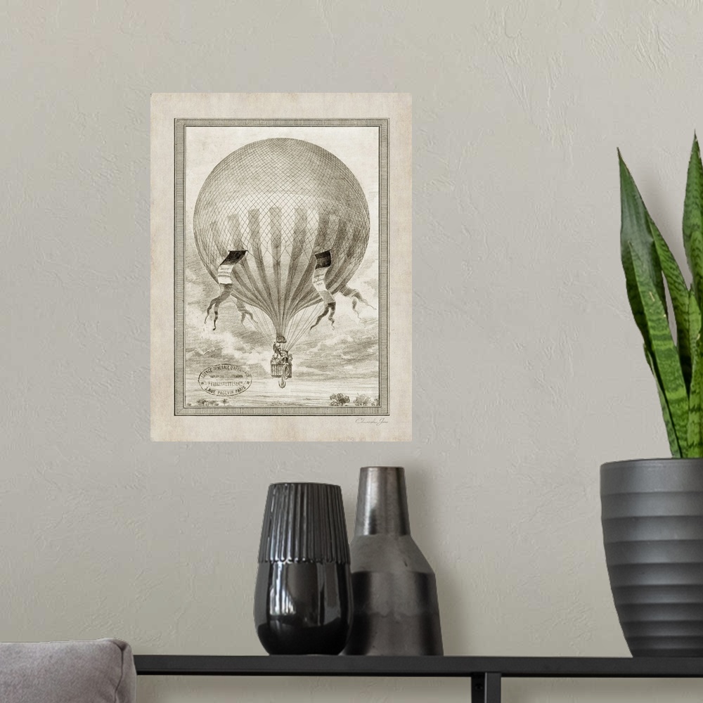A modern room featuring Vintage illustration of a hot air balloon floating over a countryside with flags blowing on the s...