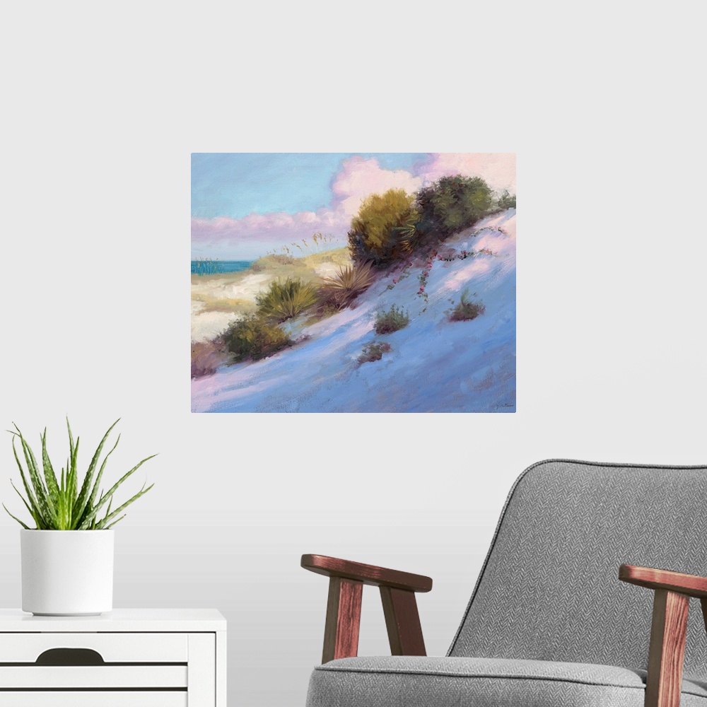 A modern room featuring Contemporary painting of beach grasses on a dune near the ocean.