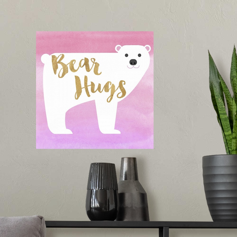 A modern room featuring Watercolor illustration of a polar bear with "bear hugs" in gold lettering.