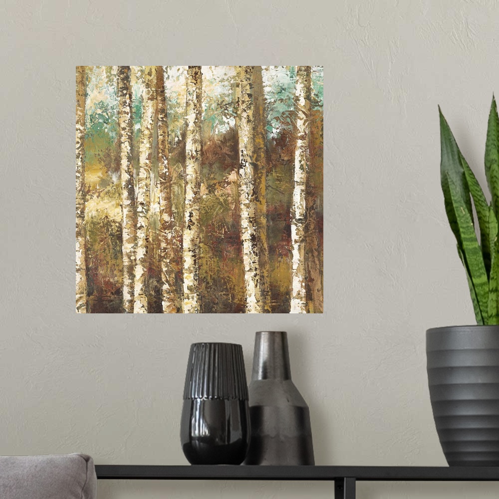 A modern room featuring Contemporary painting of a forest of white birch trees.